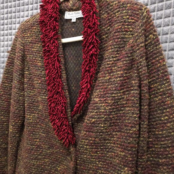 VTG Red Fringe Cardigan Sweater SzM Holiday Thin Knit Wool Shoulder Pads 80s 90s - Picture 5 of 16